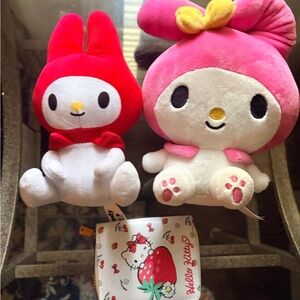 My Melody Plush Duo - Pink & Red Sanrio-Inspired Plushies plus hello kitty walle
